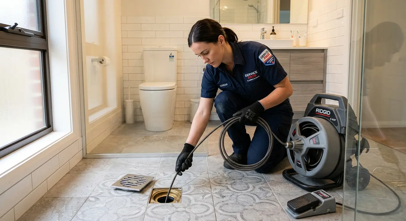 Technician clearing a bathroom floor drain for Drain Repair in Brentwood